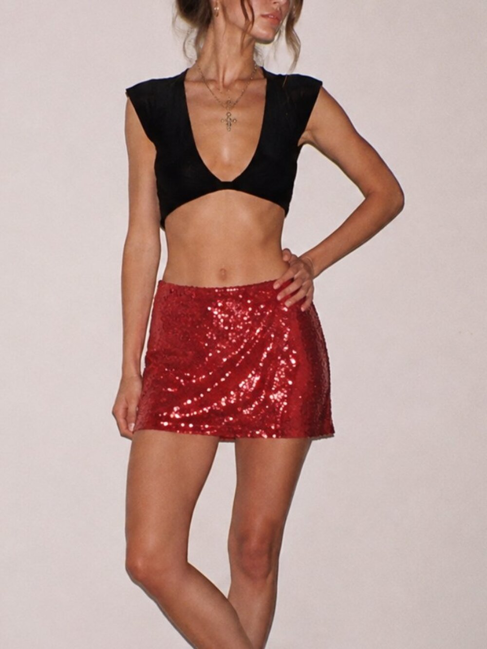 Rare Vintage Katharine Hamnett London Red Silk Sequin Mini Skirt Glam Party XS/S